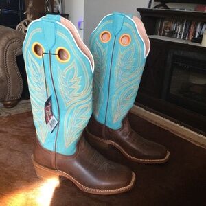 New Tony Lama Blue and Brown Heeled Boots with Western Charm